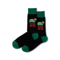 Pair of black crew socks with dark green cuffs, heels, and toes. Features green turtles wearing Santa hats and "SLOW HO HO" text in red.