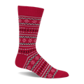 Red crew sock with a Fair Isle pattern. Features light gray, dark gray, and pinkish-white snowflakes and geometric shapes.
