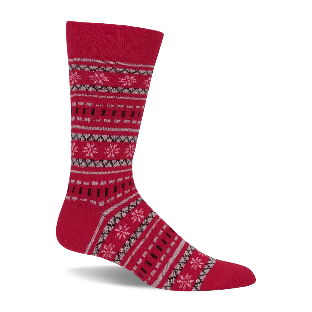 Red crew sock with a Fair Isle pattern. Features light gray, dark gray, and pinkish-white snowflakes and geometric shapes.
