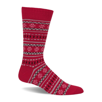 Red crew sock with a Fair Isle pattern. Features light gray, dark gray, and pinkish-white snowflakes and geometric shapes.