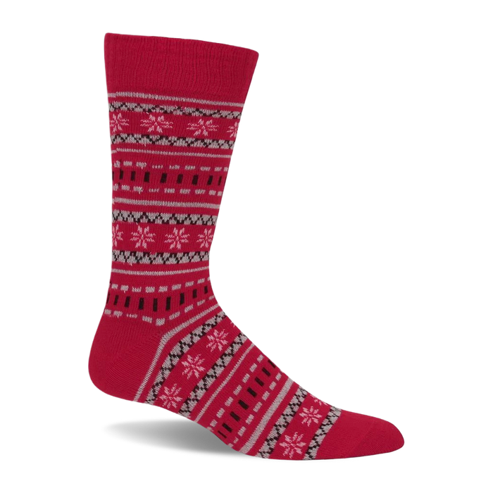 Red crew sock with a Fair Isle pattern. Features light gray, dark gray, and pinkish-white snowflakes and geometric shapes. }}