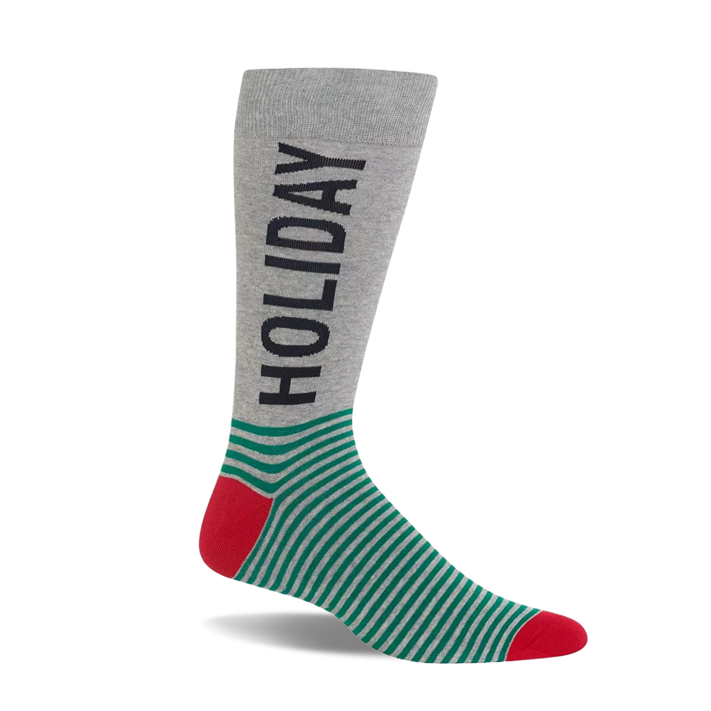 Grey crew sock with 'HOLIDAY' text, green and grey stripes, and red heel and toe.