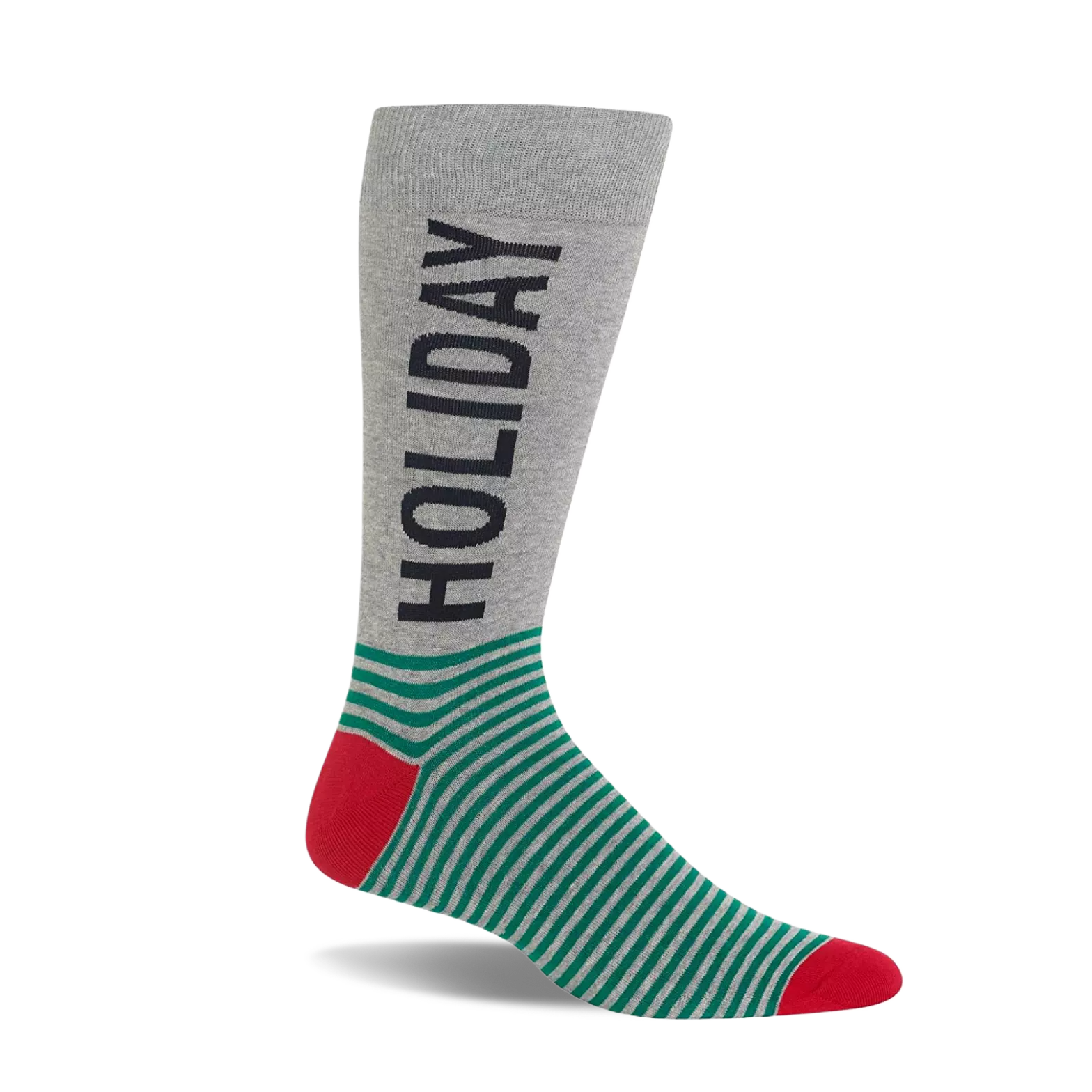 Grey crew sock with 'HOLIDAY' text, green and grey stripes, and red heel and toe.