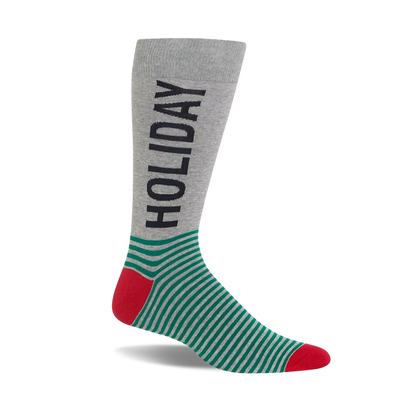 Grey crew sock with 'HOLIDAY' text, green and grey stripes, and red heel and toe.