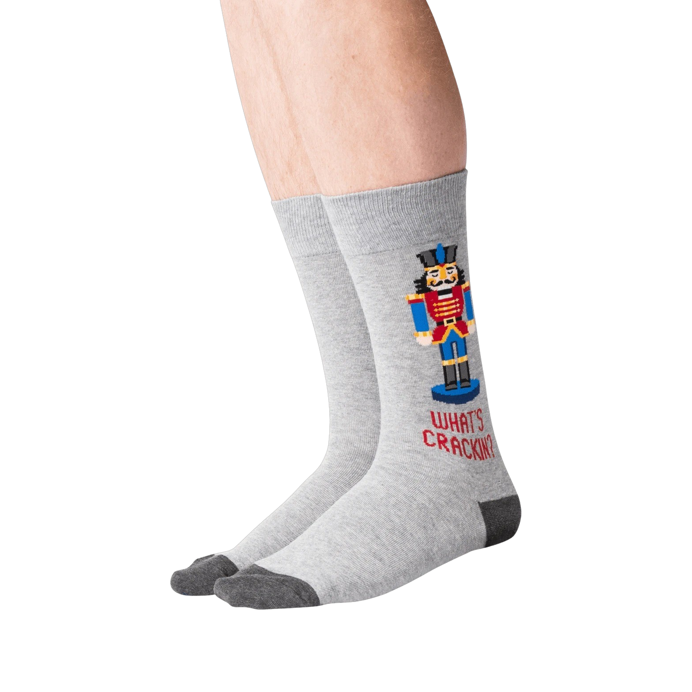 Lifestyle shot of a person wearing the Nutcracker socks.  Shows how the socks look on feet.