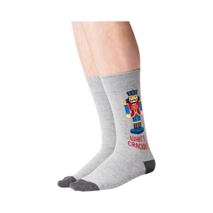 Lifestyle shot of a person wearing the Nutcracker socks.  Shows how the socks look on feet.