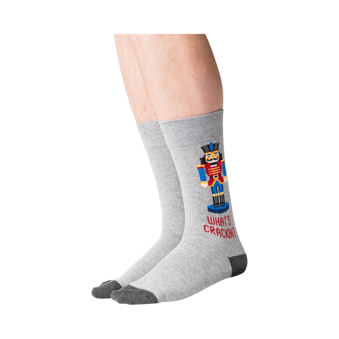 Lifestyle shot of a person wearing the Nutcracker socks.  Shows how the socks look on feet.