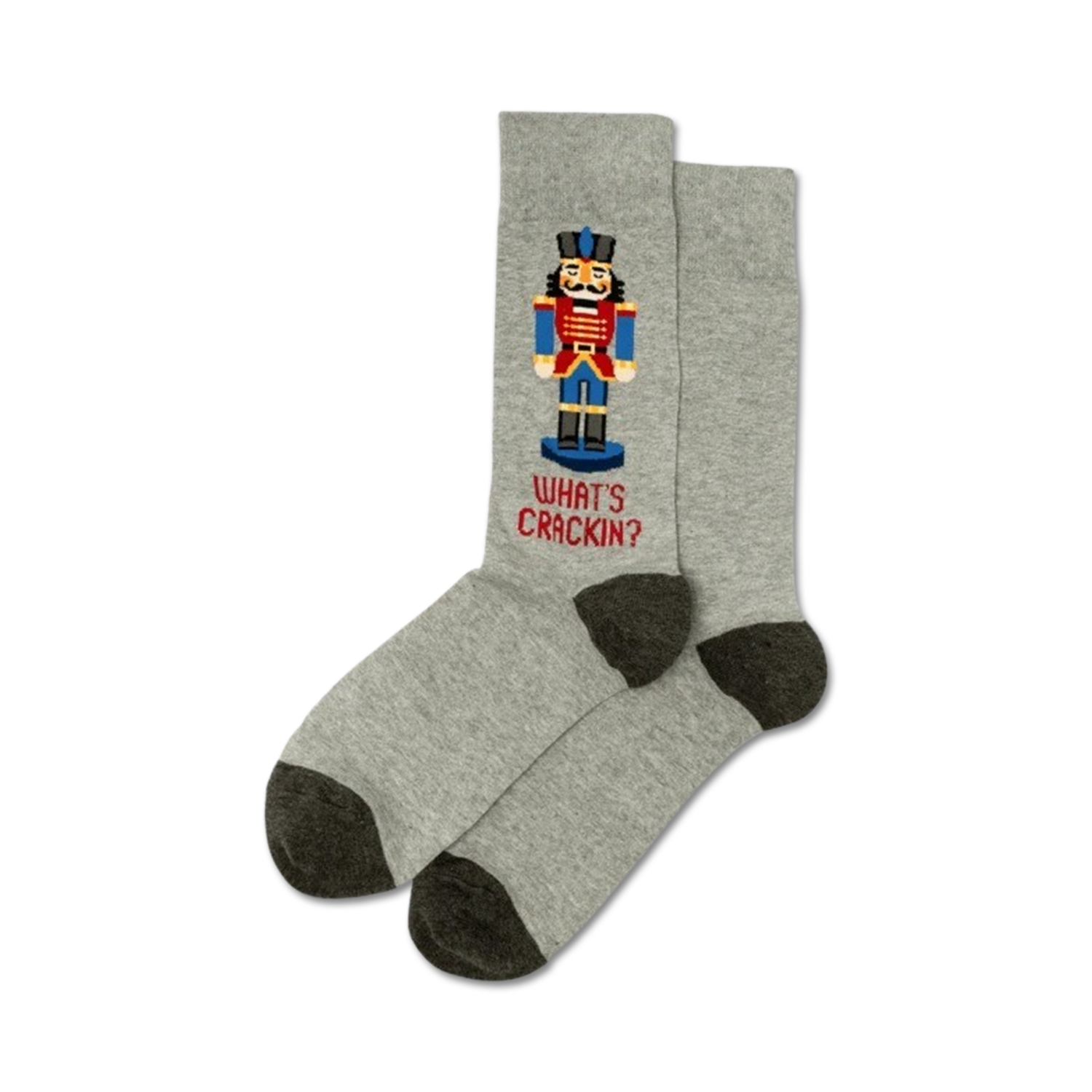 Pair of gray crew socks with a pixelated Nutcracker design and the text 'What's Crackin?' in red.  Dark gray heel and toe.