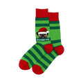Pair of green and red striped crew socks. A pug wearing a Santa hat is shown on the socks with 'Bah Hum-Pug' written below.