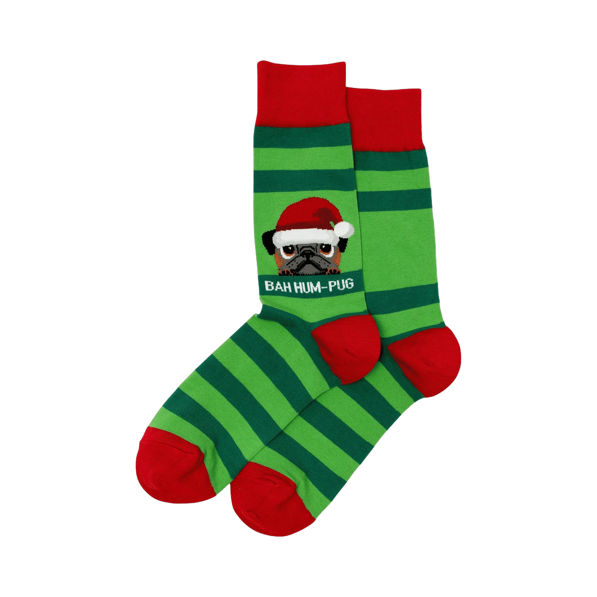Pair of green and red striped crew socks. A pug wearing a Santa hat is shown on the socks with 'Bah Hum-Pug' written below.