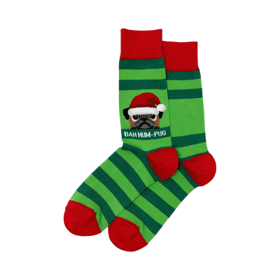 Pair of green and red striped crew socks. A pug wearing a Santa hat is shown on the socks with 'Bah Hum-Pug' written below.