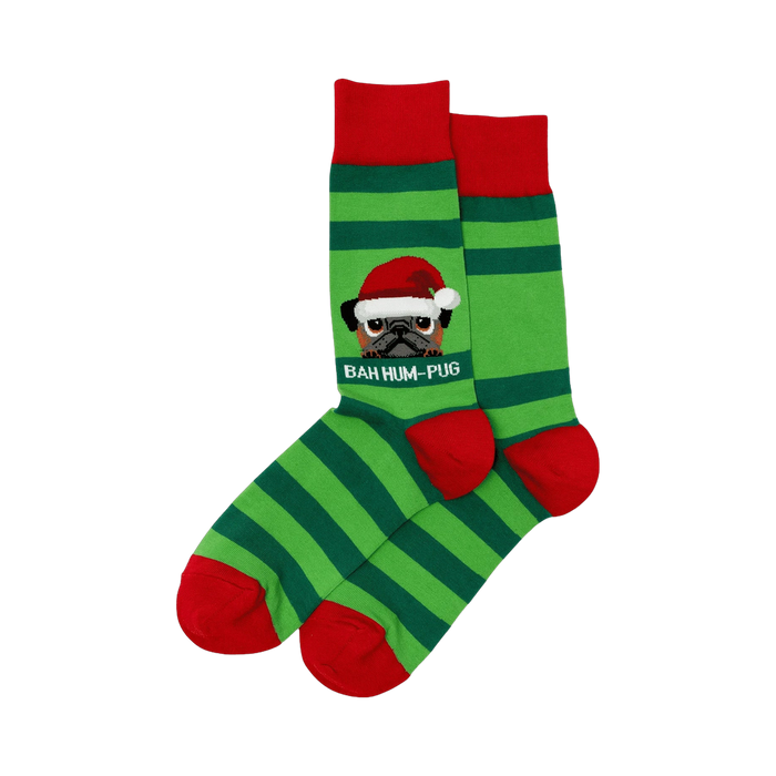 Pair of green and red striped crew socks. A pug wearing a Santa hat is shown on the socks with 'Bah Hum-Pug' written below. }}