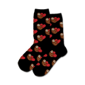 Pair of black crew socks with sloths holding red hearts. Adorable sloth pattern.