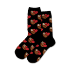 Pair of black crew socks with sloths holding red hearts. Adorable sloth pattern.