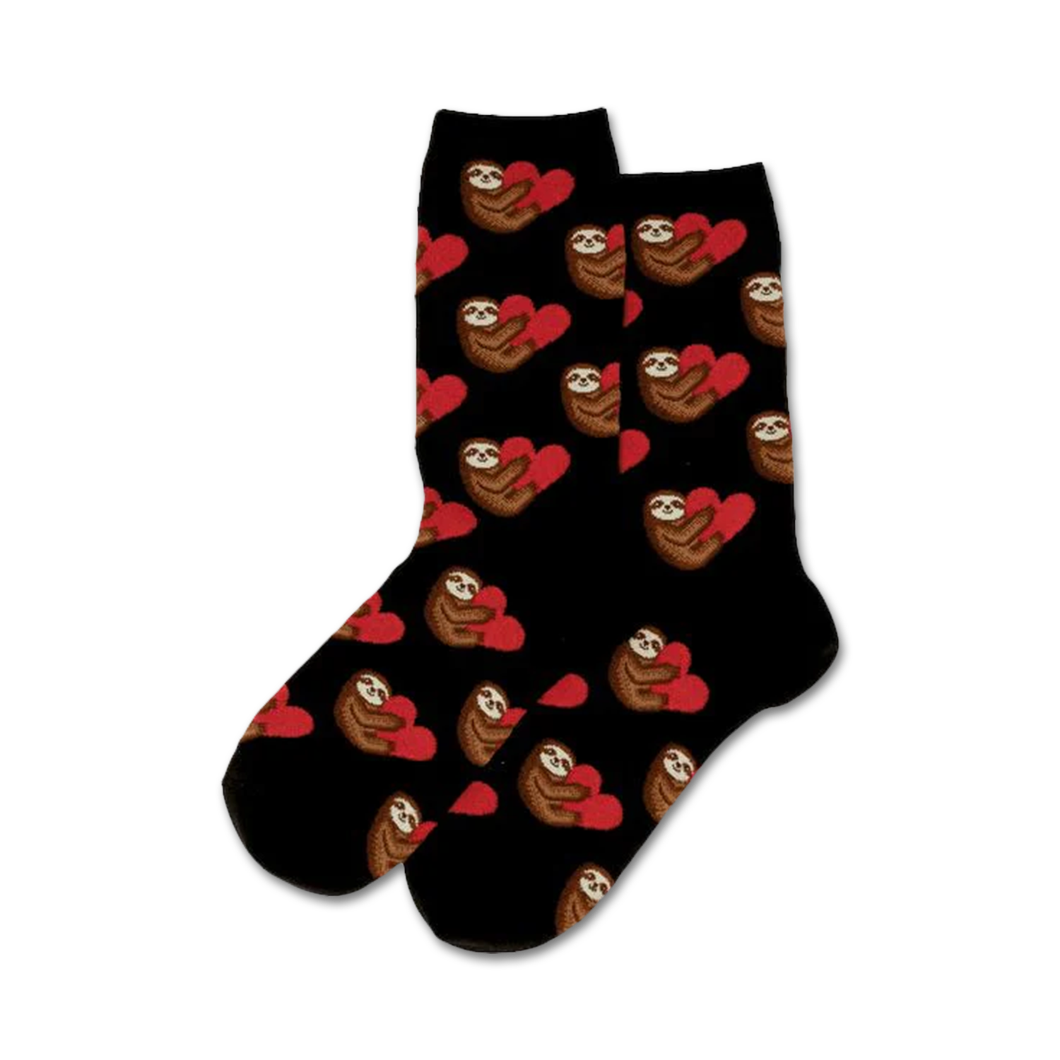 Pair of black crew socks with sloths holding red hearts. Adorable sloth pattern.