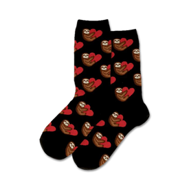 womens crew socks. black with cartoon sloths holding red hearts.  