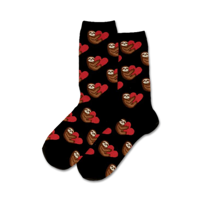 womens crew socks. black with cartoon sloths holding red hearts.  