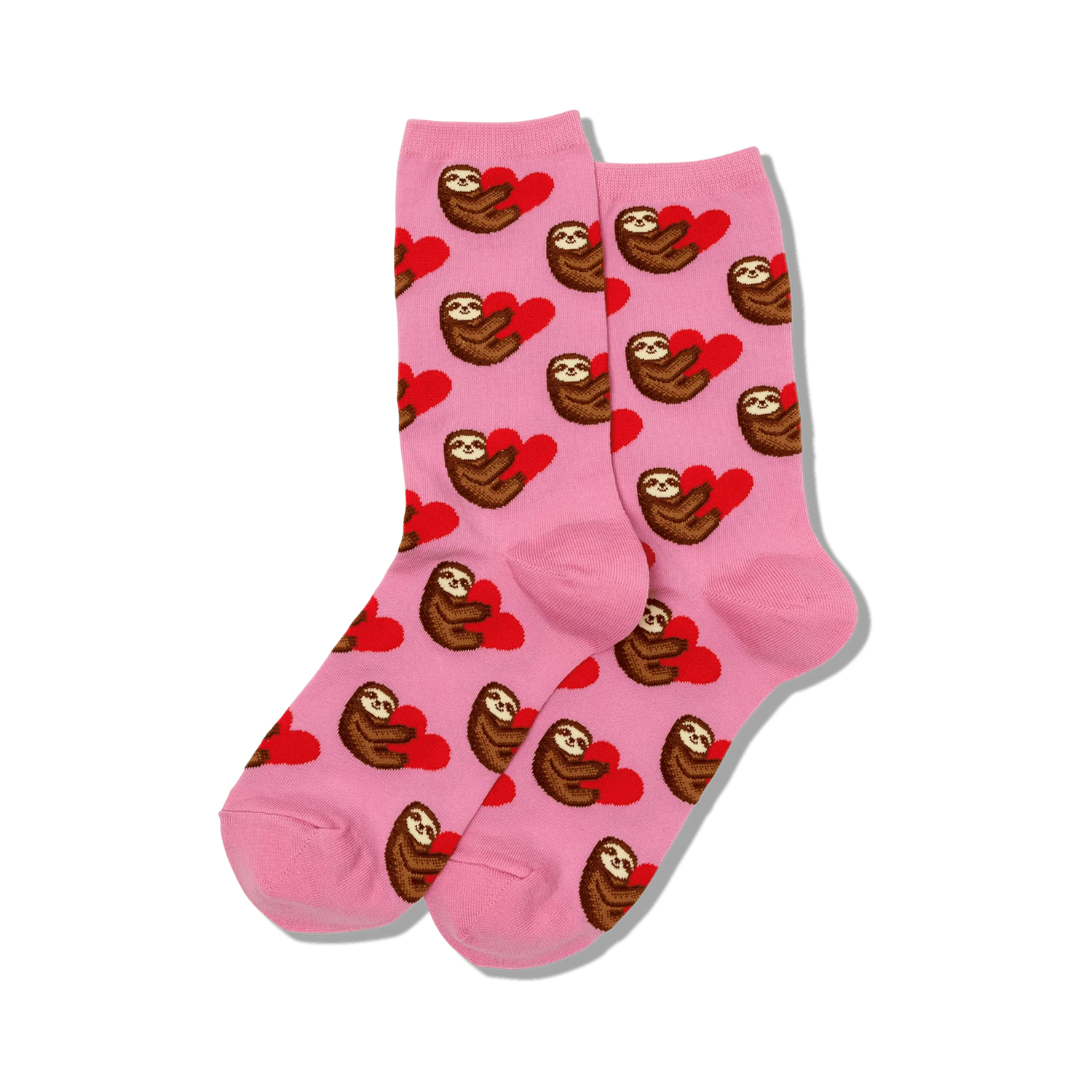 Pair of pink crew socks with sloths holding red hearts.  Adorable sloth pattern.