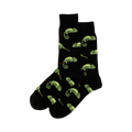 Pair of black crew socks with a repeating pattern of illustrated light green chameleons.