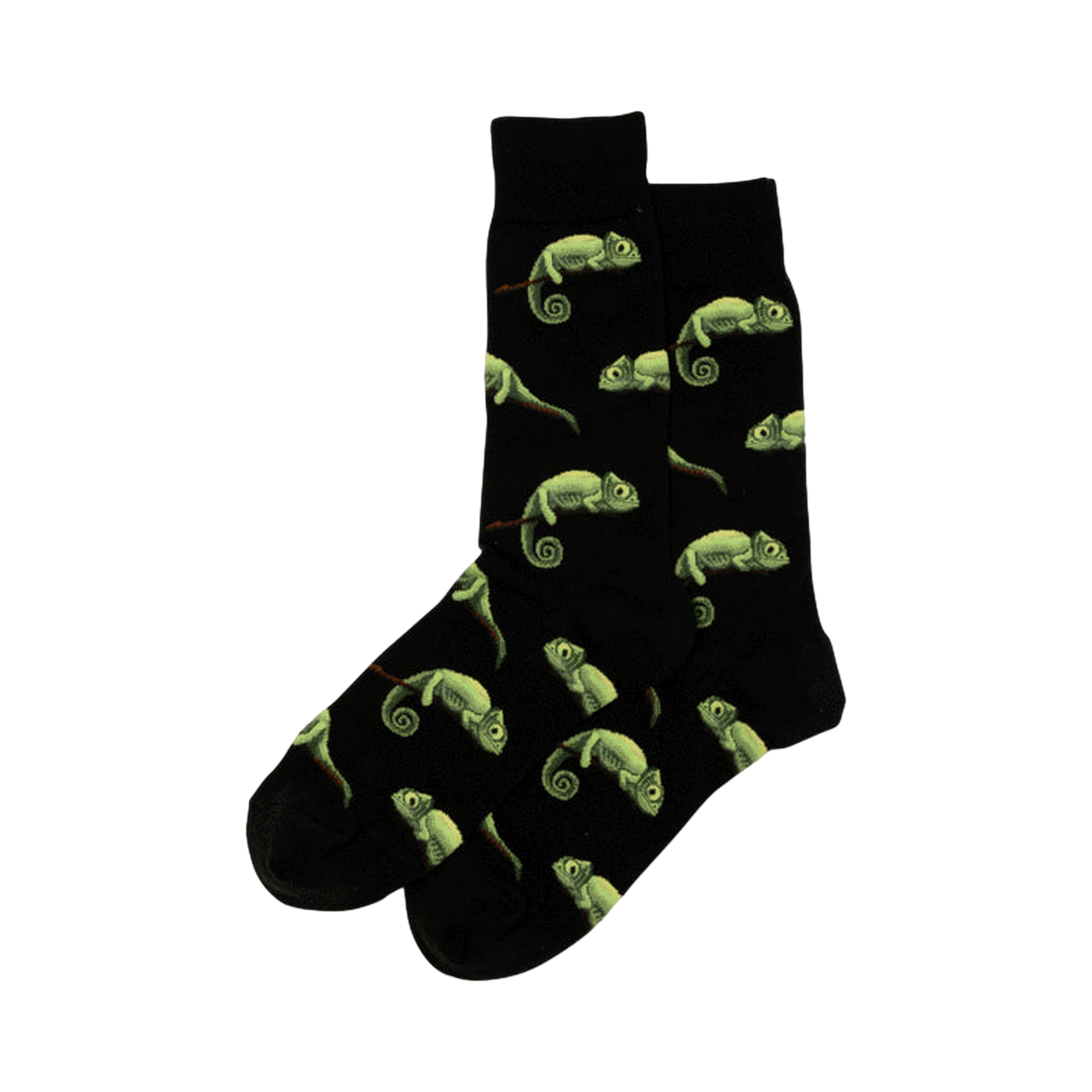 Pair of black crew socks with a repeating pattern of illustrated light green chameleons.