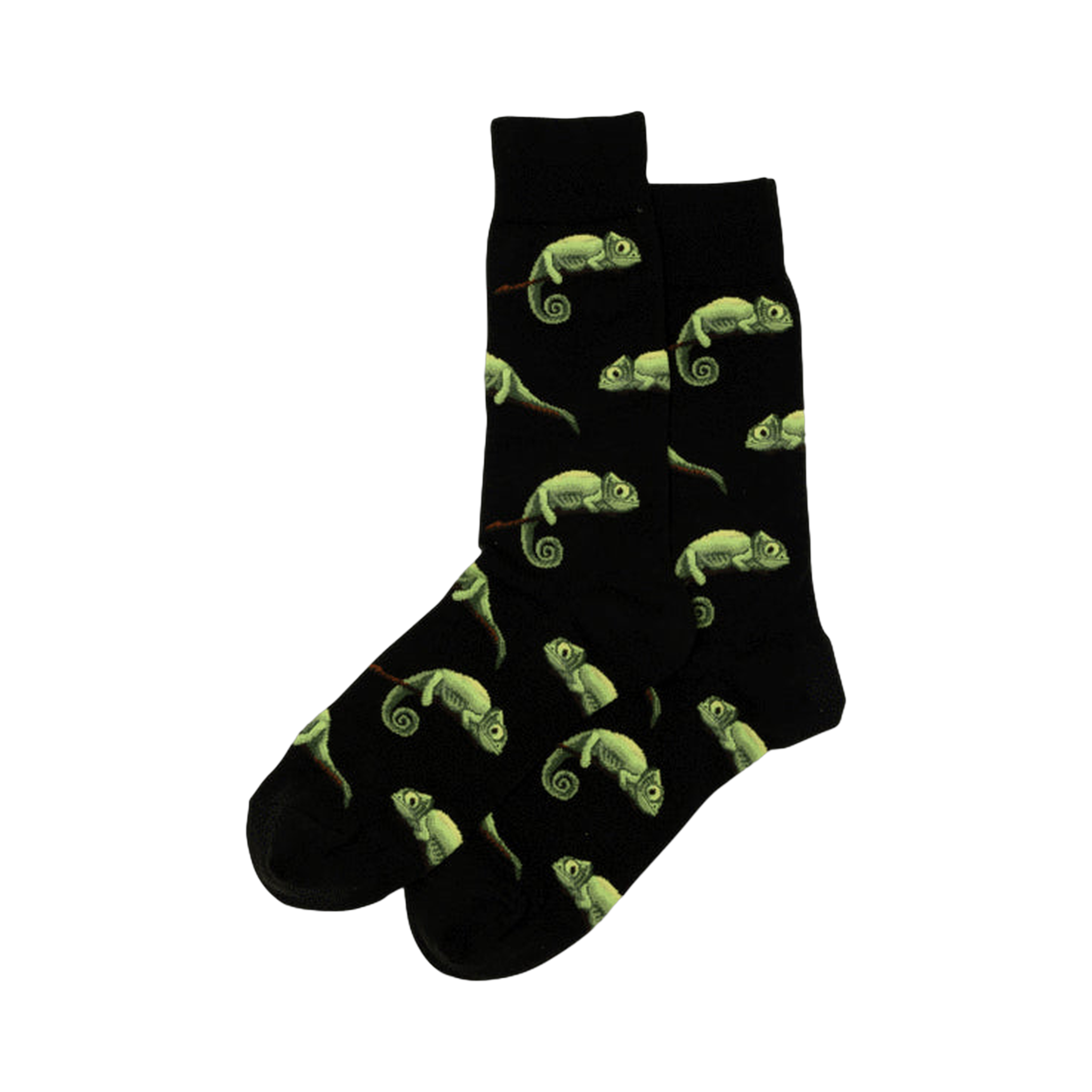 Pair of black crew socks with a repeating pattern of illustrated light green chameleons.