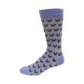 Crew socks in periwinkle blue with a repeating pattern of illustrated black chickens.