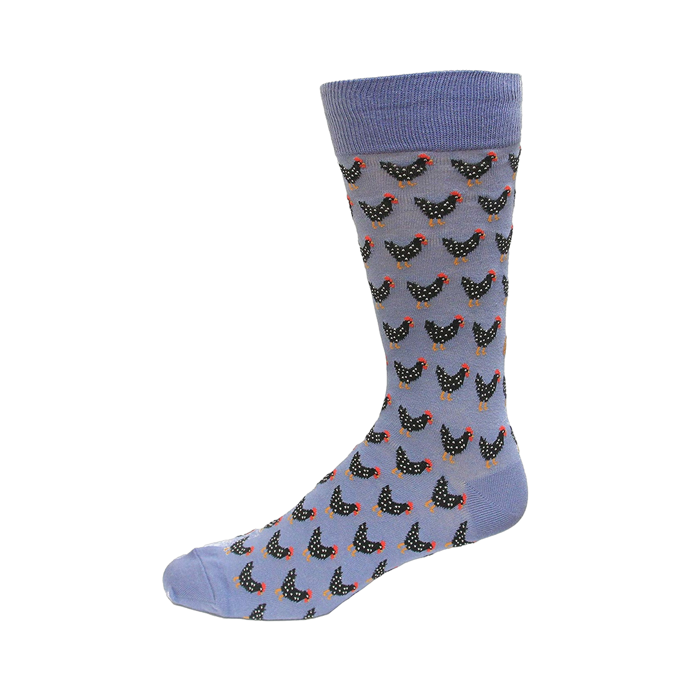 Crew socks in periwinkle blue with a repeating pattern of illustrated black chickens.