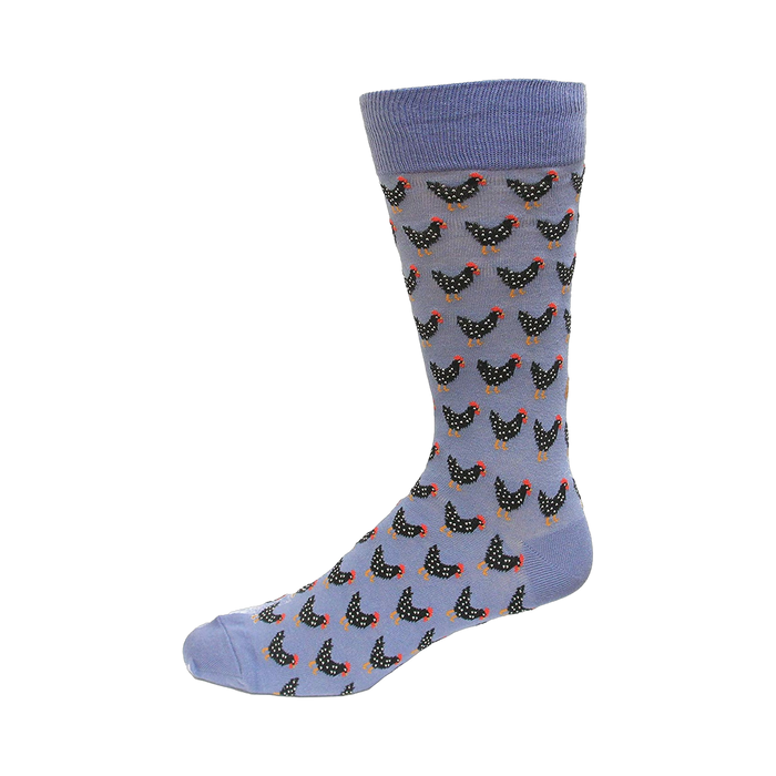 Crew socks in periwinkle blue with a repeating pattern of illustrated black chickens. }}