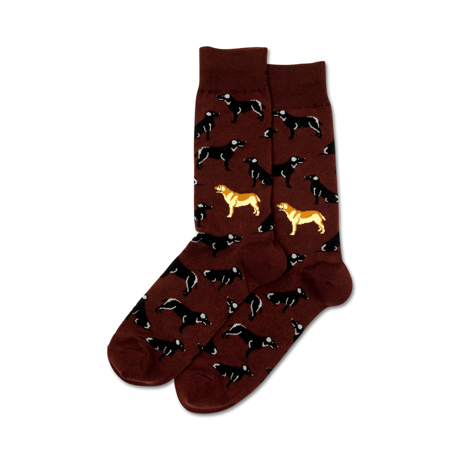 Pair of crew socks, maroon background, black Labrador Retriever pattern with two yellow Labs.