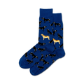 Lifestyle shot: Two pairs of Labrador socks, one maroon and one royal blue, laid on a surface. 