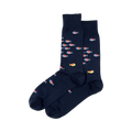Pair of navy blue crew socks featuring a pattern of small, colorful fish in orange, red, and blue.  A few yellow fish are also visible.