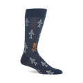 A single dark blue crew sock with a repeating pattern of light grey pixelated robots and one standout orange robot.