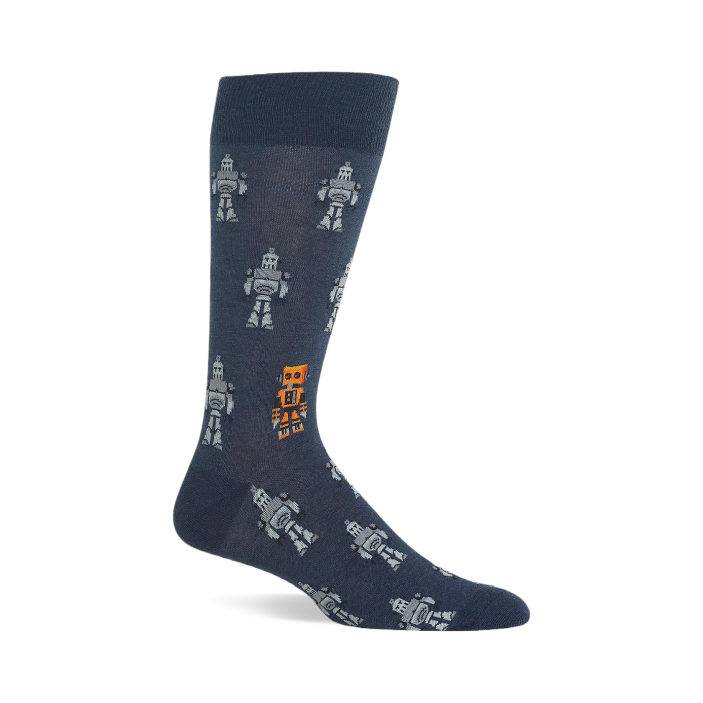 A single dark blue crew sock with a repeating pattern of light grey pixelated robots and one standout orange robot.