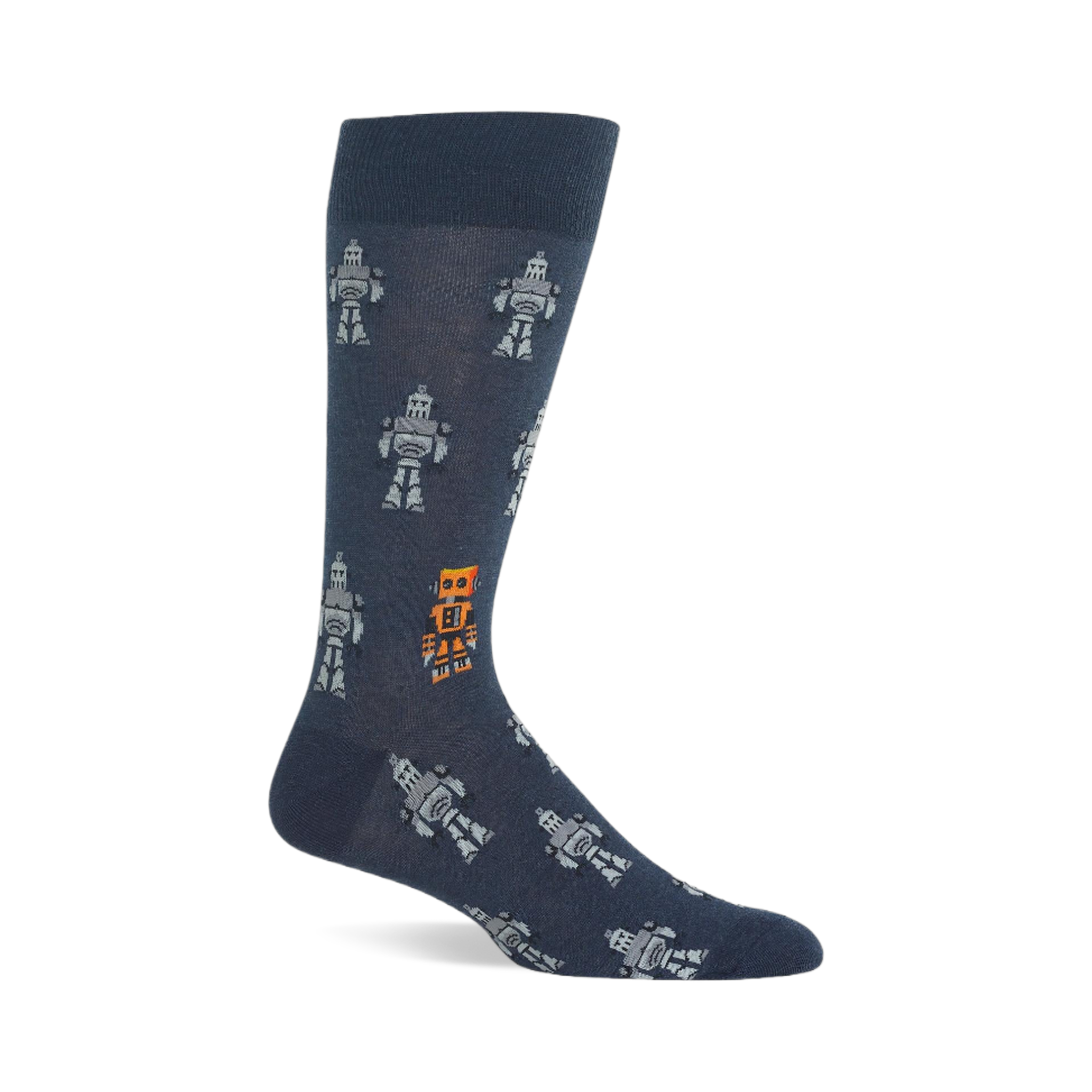 A single dark blue crew sock with a repeating pattern of light grey pixelated robots and one standout orange robot.