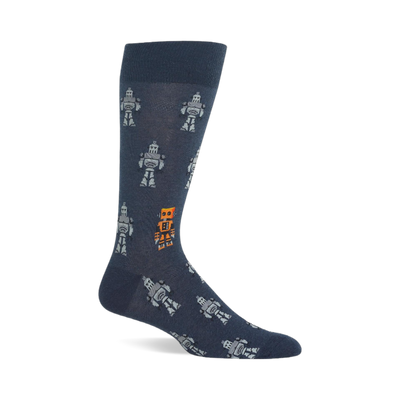 A single dark blue crew sock with a repeating pattern of light grey pixelated robots and one standout orange robot.