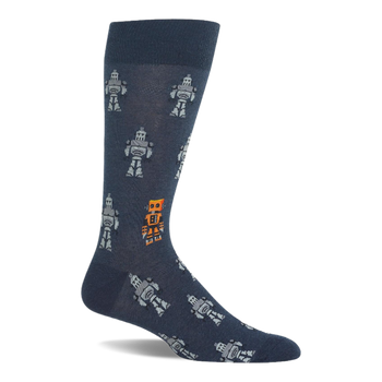 A single dark blue crew sock with a repeating pattern of light grey pixelated robots and one standout orange robot.