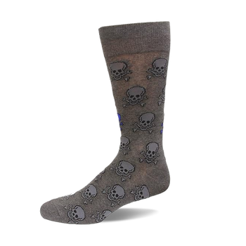 Single dark gray crew sock with a repeated pattern of gray and blue skulls and crossbones, shown from the side.