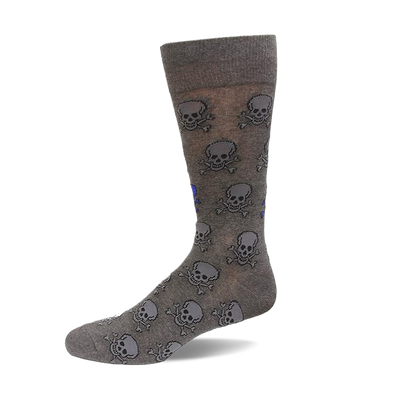 Single dark gray crew sock with a repeated pattern of gray and blue skulls and crossbones, shown from the side.