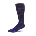 Single dark blue crew sock with a repeated pattern of bright blue and red skulls and crossbones, shown from the side.
