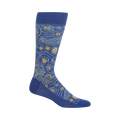 Crew socks in deep blue with a 'Starry Night'-inspired design featuring swirling blue and gold patterns.