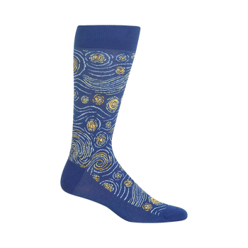 Crew socks in deep blue with a 'Starry Night'-inspired design featuring swirling blue and gold patterns.