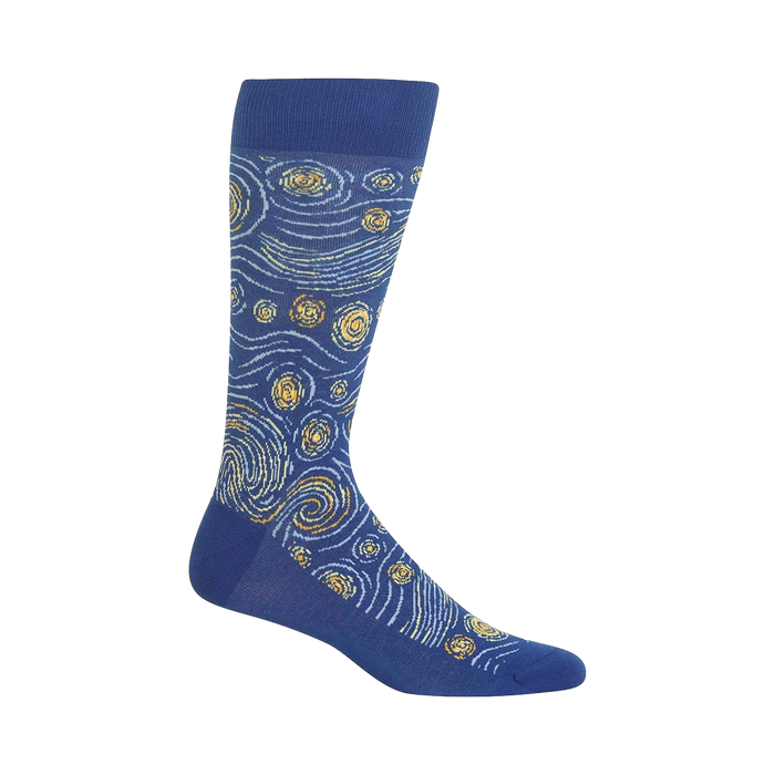Crew socks in deep blue with a 'Starry Night'-inspired design featuring swirling blue and gold patterns. }}