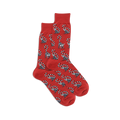 Pair of crew socks in bright red with a repeating pattern of grey and white lemurs with ringed tails.