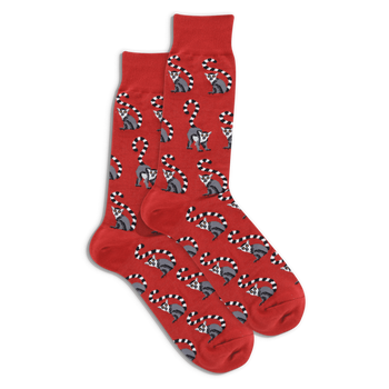 Pair of crew socks in bright red with a repeating pattern of grey and white lemurs with ringed tails.