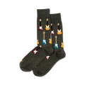 Pair of dark gray crew socks with colorful electric guitars in teal, yellow, and maroon printed on them.