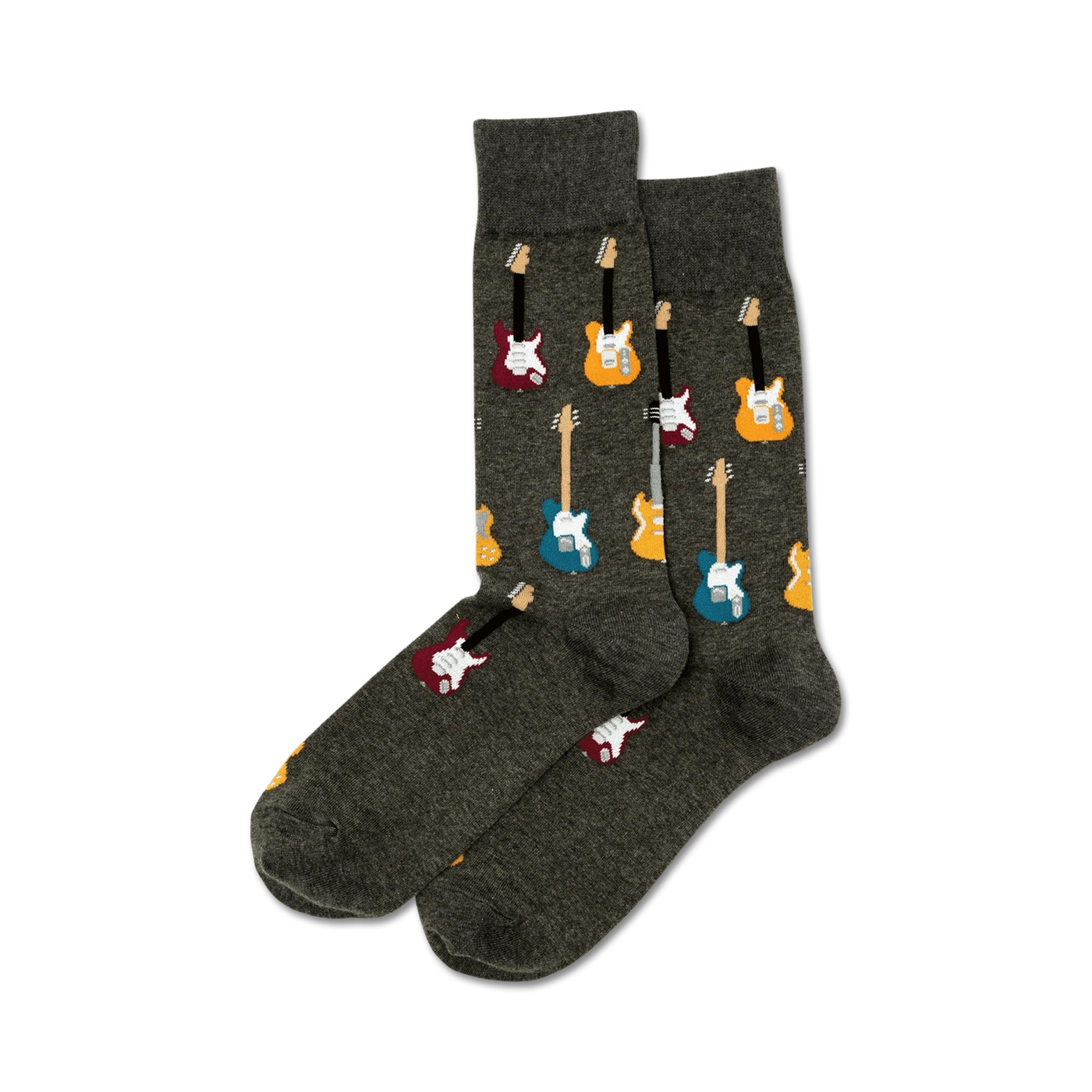 Pair of dark gray crew socks with colorful electric guitars in teal, yellow, and maroon printed on them.