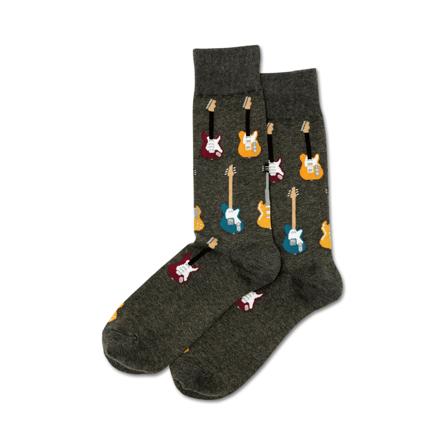 Pair of dark gray crew socks with colorful electric guitars in teal, yellow, and maroon printed on them.