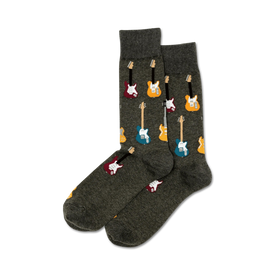 men's crew socks with colorful guitars in red, blue, yellow, and orange.   