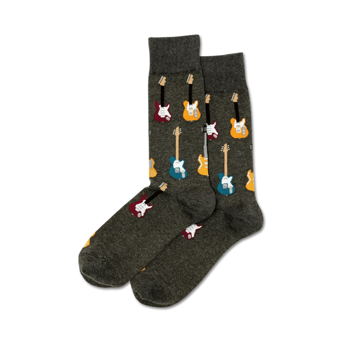 men's crew socks with colorful guitars in red, blue, yellow, and orange.    }}