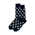Pair of navy blue crew socks with a repeating pattern of white golf balls on colorful tees.